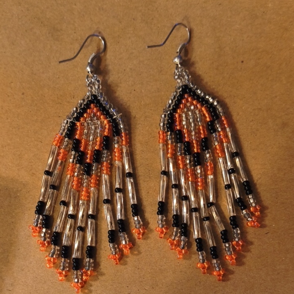 Elegant Beaded Dangle Earrings in Orange and Black